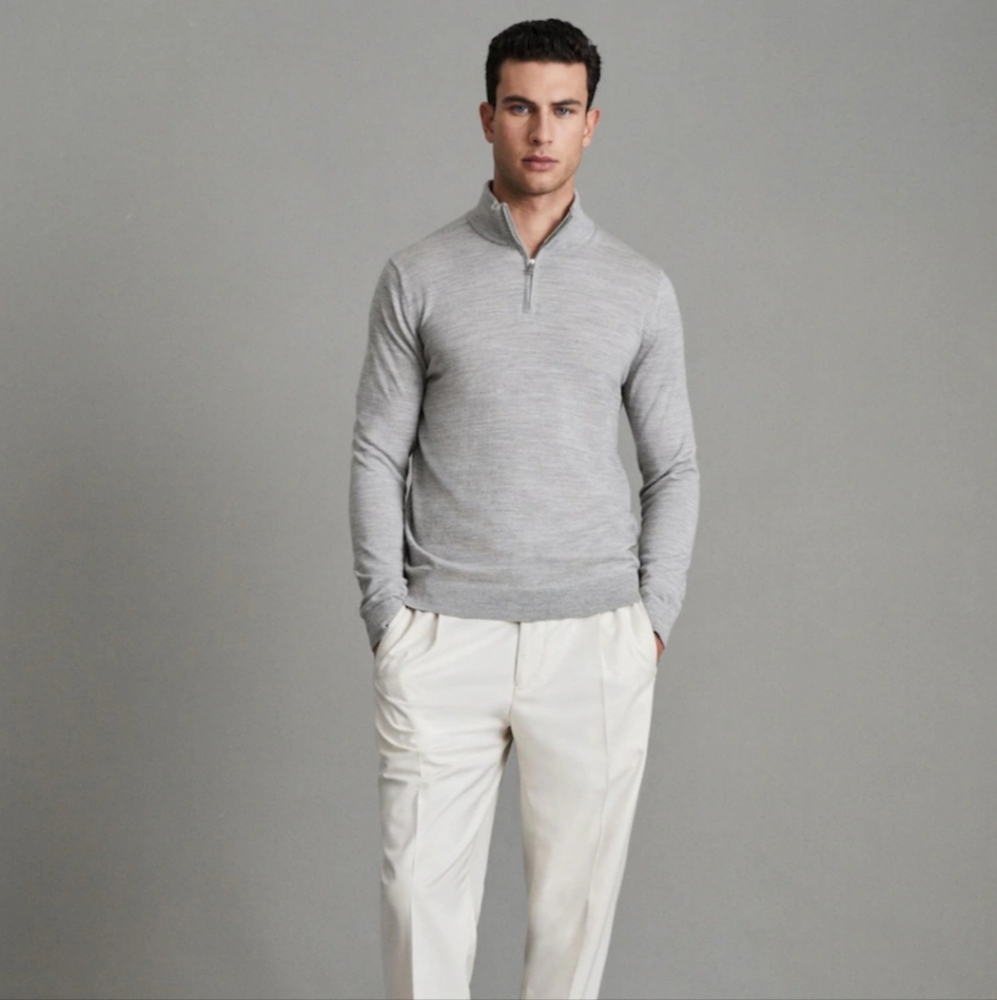 REISS BLACKHALL MERINO WOOL HALF-ZIP FUNNEL NECK JUMPER‎ SOFT GREY MOULINE Small